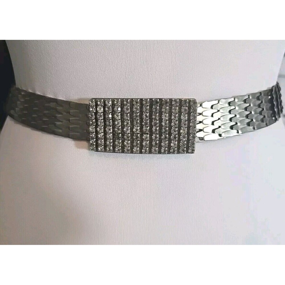 VTG 1990 Y2k Silver Metal Snake Fish Scale Stretch Belt Faux Diamond Stud Buckle
